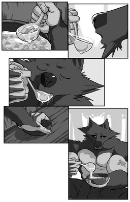 anthro bowl container cooking cooking_pot facial_tuft food forest forest_background light log male male_anthro muscular muscular_male nature nature_background plant sitting solo soup taste_test tree tuft wood junker_draws mythology canid canine mammal mythological_canine mythological_creature werecanid werecanine werecreature werewolf absurd_res comic hi_res monochrome