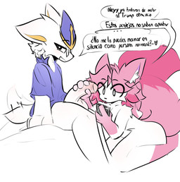 anthro balls big_balls big_penis big_tail bottomless bottomless_anthro bottomless_male cellphone clothed clothing doomscrolling duo electronics erection eye_through_hair eyewear female foreskin fur genitals glasses gloves_(marking) hair hand_on_penis handjob holding_cellphone holding_object holding_phone holding_smartphone humanoid_genitalia humanoid_penis inner_ear_fluff kneeling kneeling_on_ground leg_markings looking_at_viewer male male/female markings nude nude_anthro nude_female penile penis phone pink_body pink_ears pink_fur pink_hair pink_tail rectangular_glasses sex shirt short_tail smartphone socks_(marking) speech_bubble t-shirt tail tail_motion tailwag talking_to_another talking_to_partner text topwear translucent translucent_hair tuft wearing_glasses white_inner_ear_fluff yellow_inner_ear sugarydoodles nintendo pokemon cinderace generation_8_pokemon pokemon_(species) 2026 digital_drawing_(artwork) digital_media_(artwork) english_description hi_res spanish_text translation_check translation_request