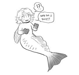 ambiguous_gender blush fin fish_tail hair mermaid_tail scales solo split_form tail tail_fin text starfleetrambo siren_and_scientist lachlann_(starfleetrambo) aquatic humanoid_merfolk merfolk nixie digital_media_(artwork) english_text monochrome sketch