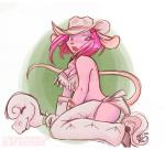 anthro biped breasts cleavage clothed clothing cowboy_hat female footwear fur gloves hair handwear hat headgear headwear high_heels open_mouth pink_body pink_fur pink_hair purple_eyes shoes skimpy solo cherushi isabella_(cheru) mammal mouse murid murine rodent 2006