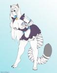 anthro areola blue_eyes bodily_fluids breast_milking breasts clothed clothing female fingers fur hair lactating legwear leucistic long_hair maid_headdress maid_uniform milk nipples simple_background solo striped_body striped_fur stripes text thigh_highs top_pulled_down uniform white_body white_fur bagworm_(artist) melody_(sakuradlyall) felid mammal pantherine tiger absurd_res english_text hi_res