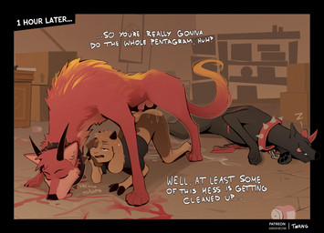 all_fours anal anal_knotting anal_penetration animal_genitalia animal_penis anthro anthro_on_feral anthro_penetrated ass_up balls bestiality brown_body brown_fur canine_genitalia canine_penis collar dialogue digitigrade doggystyle duo feral feral_on_top feral_penetrating feral_penetrating_anthro feral_penetrating_male from_behind_position fur genitals hoof_hands horn knot_root knotting larger_feral larger_male male male/male male_anthro male_feral male_on_feral male_penetrated male_penetrating male_penetrating_male mounting penetration penile penile_penetration penis penis_in_ass quadruped red_body red_fur sex short_tail size_difference sleeping smaller_anthro smaller_male smaller_penetrated spiked_collar spikes tail text twang mythology glace_(glaceiscoffee) bovid canid canid_demon canine canis caprine demon domestic_dog goat hellhound mammal mythological_canine mythological_creature 2026 artist_name colored comic detailed digital_drawing_(artwork) digital_media_(artwork) english_text hi_res shaded signature