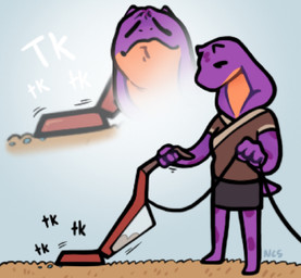 4_fingers anthro cleaning_tool clothed clothed_anthro clothed_female clothing eyebrows female fingers markings multicolored_body purple_body snake_hood solo spots spotted_markings standing tail two_tone_body vacuum_cleaner ncs keeshee reptile scalie snake 2025 hi_res