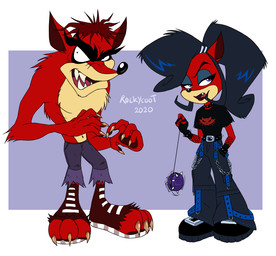 5_fingers anthro biped black_hair black_nose blue_eyes bracelet claws clothed clothing collar duo eyebrows eyeshadow female finger_claws fingers fur geometric_background hair jewelry makeup male red_body red_fur simple_background spiked_bracelet spiked_collar spikes standing white_background year yo-yo rockycoot activision crash_bandicoot_(series) crash_twinsanity evil_coco evil_crash bandicoot mammal marsupial 2020 full-length_portrait portrait signature brother_(lore) brother_and_sister_(lore) sibling_(lore) sister_(lore)