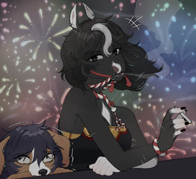 anthro biped breasts claws clothed clothed_anthro clothed_female clothing duo female fingers front_view fur hair looking_at_viewer teeth tongue raccoattack canid canine canis domestic_dog equid equine horse mammal 2026 digital_drawing_(artwork) digital_media_(artwork) hi_res