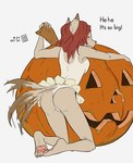 adolescent anthro blush blush_lines bottomwear breasts brown_body brown_claws brown_ears brown_fur brown_hair brown_nose brown_tail brown_toe_claws butt claws clothing exclamation_point eyes_closed feet female food foot_focus fruit fur hair holidays hug hugging_object jack-o'-lantern kneeling laugh leotard motion_lines multicolored_ears pawpads paws pink_pawpads plant pumpkin rear_view simple_background skirt smile soles solo tail tail_motion tailwag tan_bottomwear tan_clothing tan_leotard tan_skirt tan_underwear teeth text three-quarter_view toe_claws toes two_tone_ears two_tone_tail underwear white_background young young_anthro young_female gogogrey halloween inktober canid canine canis mammal wolf 2024 artist_name digital_media_(artwork) english_text hi_res