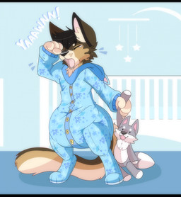 4_fingers ambiguous_gender anthro baby_mobile big_diaper black_body black_fur black_hair black_nose blue_onesie bodily_fluids brown_body brown_fur brown_tail button_(fastener) clothed clothing covering covering_face crib diaper diaper_under_clothing diaper_under_onesie eyes_closed fangs fingers fur hair holding_object holding_plushie inner_ear_fluff multicolored_body multicolored_fur multicolored_tail onesie open_mouth pink_inner_ear plushie snapsuit solo standing tail tan_body tan_fur tan_inner_ear_fluff tan_tail tears teeth three-quarter_view tired tuft wearing_diaper whisker_spots yawn jupiters jack_cabbit domestic_cat felid feline felis hybrid lagomorph leporid mammal rabbit full-length_portrait hi_res letterbox portrait