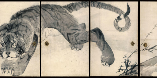 ambiguous_feral ambiguous_gender claws feral fur grey_body grey_fur grey_tail rock solo striped_body striped_fur stripes tail whiskers white_body white_fur nagasawa_rosetsu felid mammal pantherine tiger 1786 18th_century absurd_res ancient_art hi_res painting_(artwork)