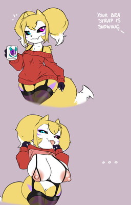 accessory areola bra clothing coffee_mug female flashing garter garter_straps genitals legwear markings nipples shortstack stockings sweater topwear underwear vulva furball bandai_namco digimon renimpmon canid canine demon fox hybrid imp mammal hi_res meme