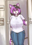 anthro big_breasts black_body bottomwear breasts clothed clothing denim denim_bottomwear denim_clothing female hair house_wife huge_breasts jeans looking_at_viewer opening_door pants purple_body purple_eyes purple_hair shirt solo topwear komenuka_inaho zeno_(komenuka_inaho) felid mammal pantherine tiger hi_res