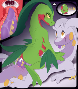 2_toes 3_claws 3_fingers antennae_(anatomy) anthro anthro_on_anthro anus bodily_fluids claws cowgirl_position cum cum_from_vagina cum_in_uterus cum_in_vagina cum_inside duo egg ejaculation erection eyes_closed feet female female_anthro female_on_top female_penetrated finger_claws fingers from_front_position genital_fluids genitals green_body green_claws hand_on_chest internal internal_vaginal interspecies larger_male leaf leaf_hair leaf_tail looking_at_another looking_at_partner looking_back lying male male/female male_anthro male_on_bottom male_penetrating male_penetrating_female markings multicolored_body nude nude_female nude_male on_back on_bottom on_top orgasm penetration penile penile_penetration penis penis_in_vagina pink_body pink_tail pink_vulva plant plant_hair pseudo_hair purple_penis purple_tongue red_body semi-anthro sex simple_background size_difference smaller_female smaller_penetrated snout spots spotted_markings spotted_neck spotted_tail tail tail_markings toe_claws toes tongue tongue_out uterus vaginal vaginal_penetration vulva yellow_eyes yellow_sclera yellow_spots meraence nintendo pokemon generation_3_pokemon generation_6_pokemon goodra grovyle pokemon_(species) 2023 digital_media_(artwork) hi_res