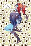 asian_clothing blue_body blue_skin blush boots clothed clothing east_asian_clothing female fin floral_background footwear fundoshi hair hair_over_eye japanese_clothing looking_at_viewer one_eye_obstructed ponytail red_hair shoes solo text underwear yellow_sclera pugthe2ro undertale undertale_(series) undyne animal_humanoid fish fish_humanoid humanoid marine marine_humanoid english_text hi_res