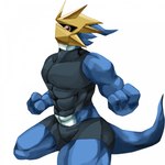 abs anthro armor athletic athletic_male biceps blue_body bottomwear clothing crop_top male muscular muscular_anthro muscular_male pecs shirt shorts solo tight_clothing topwear byshz2000 bandai_namco digimon digimon_(species) magnamon 1:1 hi_res