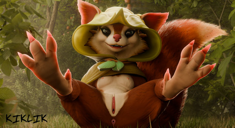 4_toes anthro anus breasts feet female foot_focus forest forest_background genitals hood humanoid_genitalia humanoid_vulva looking_back lying on_back plant soles solo toes tree vulva kiklik dota valve hoodwink_(dota) mammal rodent sciurid tree_squirrel hi_res