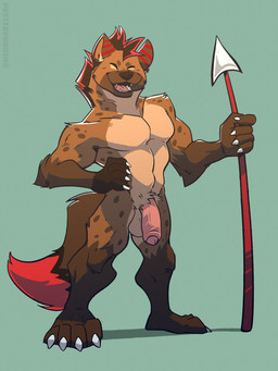 anthro balls claws eyes_closed foreskin genitals hand_on_hip holding_melee_weapon holding_object holding_polearm holding_spear holding_weapon male mane markings melee_weapon muscular nude penis polearm pubes red_markings smile smiling_at_viewer solo spear standing striped_markings stripes toony weapon hedonybite64 hyena mammal 2022 3:4 hi_res