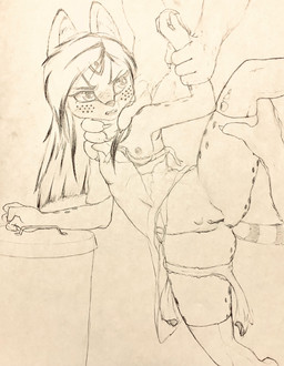4_fingers anthro anus arm_grab blush bodily_fluids breasts claws clitoris clothed clothing clothing_around_one_leg digitigrade female fingers forced front_view frown genitals group hair imminent_rape imminent_sex inner_ear_fluff leaning leg_grab leggings legwear long_hair medium_breasts neck_grab nipples panties panties_around_one_leg panties_down partially_clothed raised_leg restrained spots spread_legs spreading standing stripes tears thigh_highs torn_bra torn_clothing torn_panties torn_underwear tuft underwear underwear_around_one_leg underwear_down vulva wishbone_mouth young young_anthro isodoma marina_servalez felid feline mammal serval character_request hi_res monochrome traditional_media_(artwork)