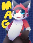 3:4 anthro black_body black_fur black_nose blue_background blue_eyes blush chest_tuft digital_media_(artwork) fur glistening glistening_eyes hands_on_hips hi_res kemono ko-gami looking_at_viewer mag_(mag_asst) male mammal multicolored_body multicolored_fur navel open_mouth open_smile production_taiikukan red_body red_fur simple_background smile solo tuft white_body white_fur white_inner_ear