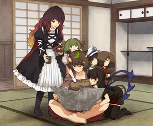 :3 absolute_territory aged_down barefoot black_clothing black_dress black_hair black_legwear black_thigh_highs bodily_fluids breasts brown_eyes brown_hair clothing container cup dress eyes_closed eyewear feet female glasses gradient_hair green_eyes green_hair group hair hat headgear headwear holding_container holding_cup holding_object inside kneeling leaf leaf_on_head legwear markings mismatched_wings newspaper pince-nez purple_hair reading red_eyes ring_(marking) ringed_tail sailor_cap sitting sitting_on_another smile standing striped_markings striped_tail stripes sweat sweatdrop tail tail_hug tail_markings tanuki_leaf tatami thigh_highs white_clothing white_dress wings young young_humanoid urin_(artist) touhou byakuren_hijiri kyouko_kasodani mamizou_futatsuiwa minamitsu_murasa nue_houjuu animal_humanoid canid canid_humanoid canine canine_humanoid human humanoid mammal mammal_humanoid tanuki_humanoid winged_humanoid