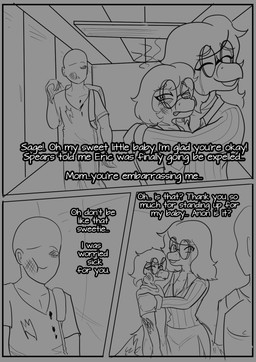 anthro biped blood_on_shirt bodily_fluids bruised bruised_eye bruised_face clothed clothed_anthro clothed_female clothed_human clothed_male clothing crying dialogue embarrassed eyes_closed eyewear female femboy glasses group hair happy hug long_hair looking_at_another male relieved round_glasses shirt short_hair smile talking_to_another tears tears_of_joy text topwear torn_clothing torn_shirt torn_topwear trio arsenic_iii cavemanon_studios goodbye_volcano_high ko_op_(game_developer) snoot_game anon_(snoot_game) pepper_(snoot_game) sage_(gvh) dinosaur dromaeosaurid human mammal microraptor prehistoric_species reptile saurischian scalie theropod 2023 black_and_grey comic english_text hi_res monochrome mother_(lore) mother_and_child_(lore) mother_and_son_(lore) parent_(lore) parent_and_child_(lore) parent_and_son_(lore) son_(lore)