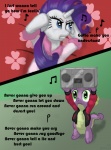 bathrobe bedding blanket blue_eyes boombox clothing duo female feral green_eyes hair horn jacket male musical_note musical_symbol parody purple_hair robe symbol tail text topwear sgolem friendship_is_magic hasbro my_little_pony mythology never_gonna_give_you_up rickroll rarity_(mlp) rick_astley spike_(mlp) dragon equid equine mammal mythological_creature mythological_equine mythological_scalie scalie unicorn comic english_text meme