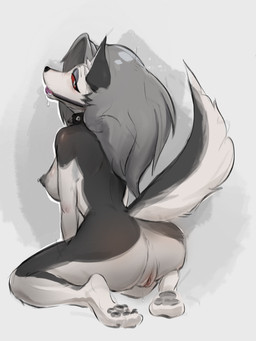 anthro anus ball_gag bodily_fluids breasts butt collar feet female fur gag genital_fluids genitals grey_body grey_fur grey_hair hair looking_at_viewer looking_back multicolored_body multicolored_fur nipple_piercing nipples nude pawpads piercing red_sclera saliva side_boob solo spiked_collar spikes tail vaginal_fluids vulva white_body white_fur unknown_artist hellaverse helluva_boss mythology loona_(helluva_boss) canid canid_demon canine demon hellhound mammal mythological_canine mythological_creature 3:4 absurd_res hi_res
