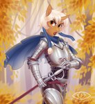 anthro armor autumn blonde_hair braided_hair cape chainmail clothing eyebrows eyelashes fantasy female gambeson hair horn knight medieval melee_weapon plate_armor rapier solo sword warrior weapon ladychimaera hasbro my_little_pony mythology fan_character equid equine horse mammal mythological_creature mythological_equine pony unicorn 2021 hi_res