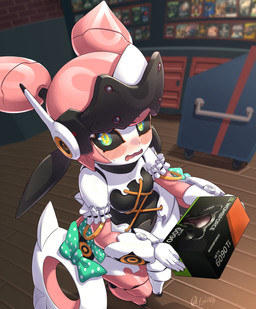 antenna_wire armwear black_body black_sclera blush blushing_profusely bodily_fluids bow_ribbon box breasts brick brick_wall clothing container detailed_background elbow_gloves embarrassed featureless_feet feet female floor frilly frilly_clothing frilly_gloves gloves green_bow_ribbon green_eyes hair handwear holding_box holding_container holding_object legwear looking_at_viewer looking_up looking_up_at_viewer machine medium_breasts metallic_hair movie_case multicolored_body multicolored_eyes not_furry open_mouth organs pigtails pink_body pink_hair pink_stockings pseudo_hair shelf solo stockings store sweat sweatdrop text uterus wall_(structure) white_body wood wood_floor yellow_eyes luizhtx mihoyo nvidia zenless_zone_zero aria_(zenless_zone_zero) humanoid robot robot_humanoid 2026 absurd_res english_text hi_res watermark