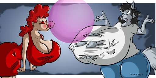 big_breasts black_hair blowing_bubble_gum blue_bottomwear blue_clothing blue_jeans blue_pants bottomwear breast_growth breasts bubble_gum clothing denim denim_bottomwear denim_clothing dress duo female fur grey_body grey_fur growth hair huge_breasts hyper hyper_breasts jeans lipstick makeup pants red_cheeks red_clothing red_dress red_hair red_lipstick shirt tearing_shirt topwear white_clothing white_shirt white_topwear dutch_(artist) mazed canid canine canis human mammal wolf 2022 absurd_res digital_media_(artwork) hi_res
