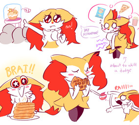 3_fingers :3 ambiguous_anthro ambiguous_gender anthro arm_tuft begging biped black_body black_fur blush blush_stickers cheek_tuft chest_tuft chips_(food) cute_fangs dipstick_tail ears_down eating eating_food eyelashes eyes_closed facial_tuft fangs fingers food front_view fur gameplay_mechanics gesture group hand_gesture holding_object holding_stick hungry inner_ear_fluff leaning leaning_forward looking_at_viewer markings mouth_closed multicolored_body multicolored_fur nude_ambiguous nude_anthro open_mouth open_smile orange_body orange_eyes orange_fur orange_nose orange_tail_tip pivoted_ears pizza plate pleading_eyes pointing poke_puff pokemon_speak popcorn rumbling_stomach shoulder_tuft side_view simple_background smile solo_focus speech_bubble standing starry_eyes stick tail tail_markings teeth text thought_bubble tuft two_tone_tail waffle wavy_mouth white_background white_body white_fur wide_eyed yellow_body yellow_fur yellow_tail stubbypubby nintendo pokemon braixen canid generation_6_pokemon mammal pokemon_(species) 2025 digital_drawing_(artwork) digital_media_(artwork) english_text flat_colors hi_res