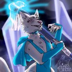 ambiguous_gender anthro cave crystal fantasy female iridescent iridescent_crystal looking_at_viewer magic magic_user pale_fur pink_eyes simple_background smile smiling_at_viewer solo staff lostwisdom canid canine canis mammal wolf 1:1 hi_res