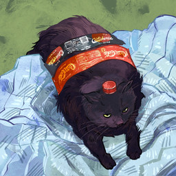 ambiguous_gender bed black_body black_fur bottle_cap feral fur furniture lying on_front slightly_chubby slightly_chubby_feral solo text whiskers yellow_eyes catwheezie coca-cola domestic_cat felid feline felis mammal 1:1 english_text hi_res painting_(artwork) shaded unavailable_at_source