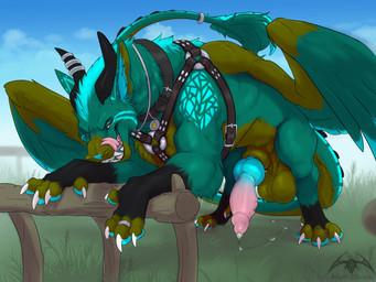 4_toes animal_genitalia attached_sheath balls big_balls big_penis black_horn blue_body blue_fur blue_pawpads blue_penis bodily_fluids claws dripping erection fangs feathered_wings feathers feet fence feral fur genital_fluids genitals grass green_balls green_body green_feathers green_fur green_sheath green_wings harness harness_only horn knot knotted_penis leaning_on_fence licking licking_lips long_tail looking_at_viewer male male_feral multicolored_body multicolored_fur multicolored_penis narrowed_eyes open_mouth outside pawpads penis pink_penis plant precum precum_drip precum_on_ground quadruped red_eyes saggy_balls sharp_teeth sheath smile solo tail tail_tuft teeth toe_claws toes tongue tongue_out tuft white_claws wings sonsasu mythology sehiny dragon furred_dragon furred_scalie mythological_creature mythological_scalie scalie 4:3 hi_res