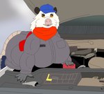 anthro big_breasts breasts car car_interior clothing female huge_breasts jumpsuit kerchief looking_at_viewer mechanic muscular muscular_female short_stack solo trucker_hat vehicle alythewolfcat martha_the_mechanic american_opossum mammal marsupial hi_res