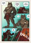 anthro canid canine canis comic english_text erof_(far_beyond_the_world) far_beyond_the_world_(series) forest forest_background ghosty_cult group hi_res male mammal muscular muscular_male nature nature_background plant pose talisin_(far_beyond_the_world) taunting text tree wolf