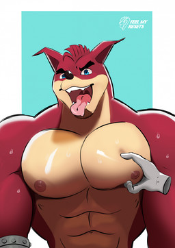 abs ambiguous_gender anthro blue_eyes bodily_fluids disembodied_hand duo fur male muscular muscular_male nipples open_mouth pec_grab pecs red_body red_fur sweat tan_body tan_fur tongue tongue_out feelmyresets activision crash_bandicoot_(series) crunch_bandicoot bandicoot mammal marsupial hi_res