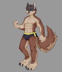 abs anthro blush clothed clothing male scar simple_background solo standing underwear underwear_only joeyzliaotang canid canine canis mammal wolf hi_res