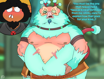 anthro birthday birthday_sex comic_panel dialogue duo gynomorph half_naked intersex male male/male self_insert sex standing text alonzodrawsafterdark adult_swim cartoon_network rick_and_morty alonzo_griggs_(alonzodrawsafterdark) risotto_groupon_(rick_and_morty) alien bovid caprine half_human human humanoid hybrid mammal sheep comic english_text hi_res