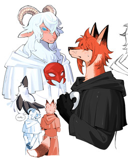 5_fingers alternate_species anthro black_clothing black_ear_tips black_nose black_paws black_robe blue_eyes blue_pupils blush blush_lines bodily_fluids claws clothing dialogue dipstick_ears dipstick_tail duo ear_markings eyelashes fingers fox_tail fur hair hooved_fingers hooves horizontal_pupils horn male male/male markings mask multicolored_ears pupils red_body red_fur red_hair red_sclera robe simple_background sweat sweatdrop tail tail_markings tan_body tan_skin text thought_bubble whiskers white_background white_body white_clothing white_eyelashes white_fur white_hair white_robe white_sclera battleguitar final_fantasy final_fantasy_xiv square_enix erichthonios_(ffxiv) themis_(ffxiv) bovid canid canine caprine fox mammal sheep 2026 colored_line_art english_text hi_res shaded shaded_line_art