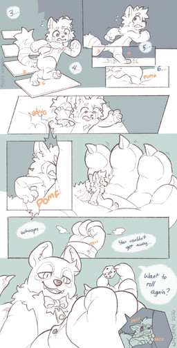 anthro blush blush_lines bodily_fluids bow_tie claws dialogue dice duo extreme_size_difference half-closed_eyes holding_character macro male narrowed_eyes onomatopoeia pawpads running size_difference size_play sound_effects squish sweat sweatdrop text wings naoren gambit_(gearwurk) ailurid bear giant_panda mammal red_panda 2026 comic digital_drawing_(artwork) digital_media_(artwork) english_text hi_res multiple_scenes signature sketch
