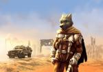 anthro armor assault_rifle belt body_armor cloak clothing desert gloves gun handwear harness jumpsuit looking_at_viewer military ranged_weapon rifle soldier solo tactical_gear truck vehicle warrior weapon marsonaut burnt_earth canid canine canis mammal wolf