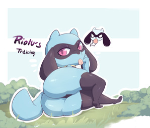anthro big_butt blue_body butt butt_focus female looking_at_viewer looking_back short_stack solo thick_thighs tongue tongue_out amailemon nintendo pokemon canid generation_4_pokemon mammal pokemon_(species) riolu hi_res