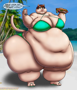 alcohol anthro beach beer belly beverage beverage_can big_belly big_breasts bikini bikini_bottom bikini_top breasts brown_hair clothing deep_navel fangs female foam food footwear fur hair huge_belly huge_breasts huge_thighs morbidly_obese morbidly_obese_anthro morbidly_obese_female navel obese obese_anthro obese_female open_mouth overweight overweight_anthro overweight_female palm_tree plant sand sandals sandwich_(food) seaside shoes solo speech_bubble swimwear tan_body tan_fur teal_eyes teeth text thick_thighs tree two-piece_swimsuit water viroveteruscy if_hell_had_a_taste marci_fidchell domestic_cat felid feline felis mammal 2025 absurd_res digital_media_(artwork) english_text hi_res