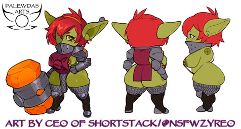 4_fingers amber_eyes areola armor belly bevor big_breasts big_butt big_ears blush boots breasts butt chainmail clothed clothing ear_piercing ear_ring eyebrows eyelashes faceplate fantasy female female_humanoid fingers footwear freckled_breasts freckled_butt freckled_face freckles giant_hammer green_body hair hammer holding_object maul mouthplate nipple_piercing nipples paladin piercing purple_text red_eyebrows red_hair ring_piercing shoes short_hair shortstack simple_background slightly_chubby solo text thick_thighs tools unconvincing_armor white_background zyreo mina_(palewdasarts) goblin humanoid digital_media_(artwork) english_text hi_res model_sheet shaded