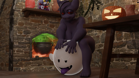 ambiguous_gender big_breasts breasts duo female fur hair not_furry nude open_mouth purple_body purple_fur red_eyes slightly_chubby smile tongue tongue_out spookygar mario_bros nintendo pokemon fan_character olive_(spookygar) boo_(mario) generation_1_pokemon gengar ghost humanoid pokemon_(species) spirit 16:9 digital_media_(artwork) hi_res widescreen