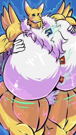 anthro armwear big_breasts blue_eyes blush breast_expansion breasts card chest_tuft clothing elbow_gloves expansion female fur gloves handwear huge_breasts hyper hyper_breasts multicolored_body multicolored_fur muscular muscular_anthro muscular_female solo teeth thick_thighs tuft two_tone_body two_tone_fur white_body white_fur yellow_body yellow_fur bobert bandai_namco digimon digimon_(species) renamon 2016 9:16 digital_media_(artwork) hi_res
