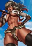 abs big_breasts breasts cleavage clothed clothing dandon_fuga duo echidna_(queen's_blade) elf female hair hi_res humanoid humanoid_pointy_ears legwear long_hair not_furry_focus queen's_blade reptile scalie snake thigh_highs