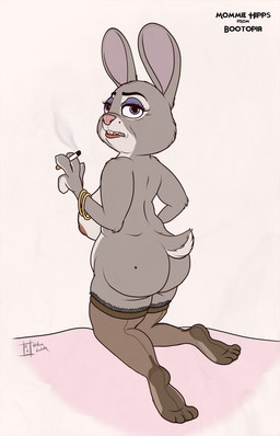 anthro big_breasts big_butt breasts butt cigarette elderly elderly_female eyeshadow female fur grey_body grey_fur holding_object huge_breasts looking_back makeup markings mature_anthro mature_female mole_(marking) overweight overweight_anthro overweight_female parody purple_eyes side_boob simple_background slightly_chubby smoke smoking solo wide_hips hyenatig disney zootopia bonnie_hopps lagomorph leporid mammal rabbit absurd_res hi_res