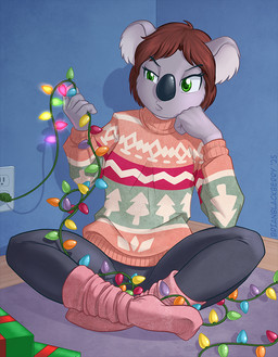 anthro brown_hair clothing electrical_plug female fur green_eyes grey_body grey_fur hair holidays sitting solo string_lights sweater topwear brian_mcpherson christmas kylee_(brian_mcpherson) koala mammal marsupial vombatiform 2025