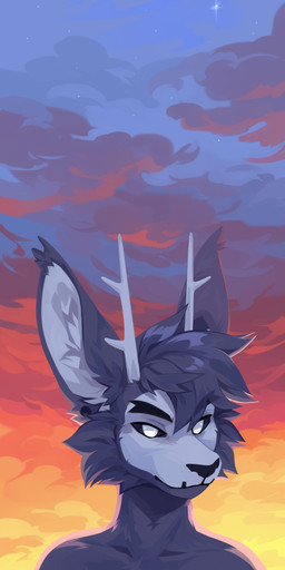 anthro antlers black_sclera cheek_tuft cloud ear_piercing facial_tuft front_view fur gauged_ear glistening glistening_eyes grey_body grey_fur grey_hair hair horn male mouth_closed no_pupils nude outside piercing short_hair sky solo star tuft unsigned white_antlers white_eyes corzh77 species_request absurd_res bust_portrait hi_res portrait