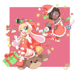 anthro bell bell_collar blonde_hair blush blush_lines body_blush boots box braided_hair breast_blush brown_body brown_hair butt_blush candy candy_cane christmas_clothing christmas_decorations christmas_headwear christmas_tree clothing collar container cookie cowbell dessert duo family female food footwear gift_bow gift_box gingerbread_man gloves green_clothing green_eyes group hair handwear hat headgear headwear heart_symbol holidays jingle_bell legwear long_ears male muffin one_eye_closed open_mouth plant plushie purple_eyes red_boots red_clothing red_footwear santa_dress santa_hat scut_tail shoes short_tail smile snowman stockings tail tan_body teddy_bear toy train tree trio vehicle wink juanoh_uwu christmas dominebraun_(melleacomic) fiora_(melleacomic) mellea_(melleacomic) domestic_cat felid feline felis lagomorph leporid mammal rabbit 1:1 absurd_res hi_res sibling_(lore) sister_(lore) sisters_(lore)
